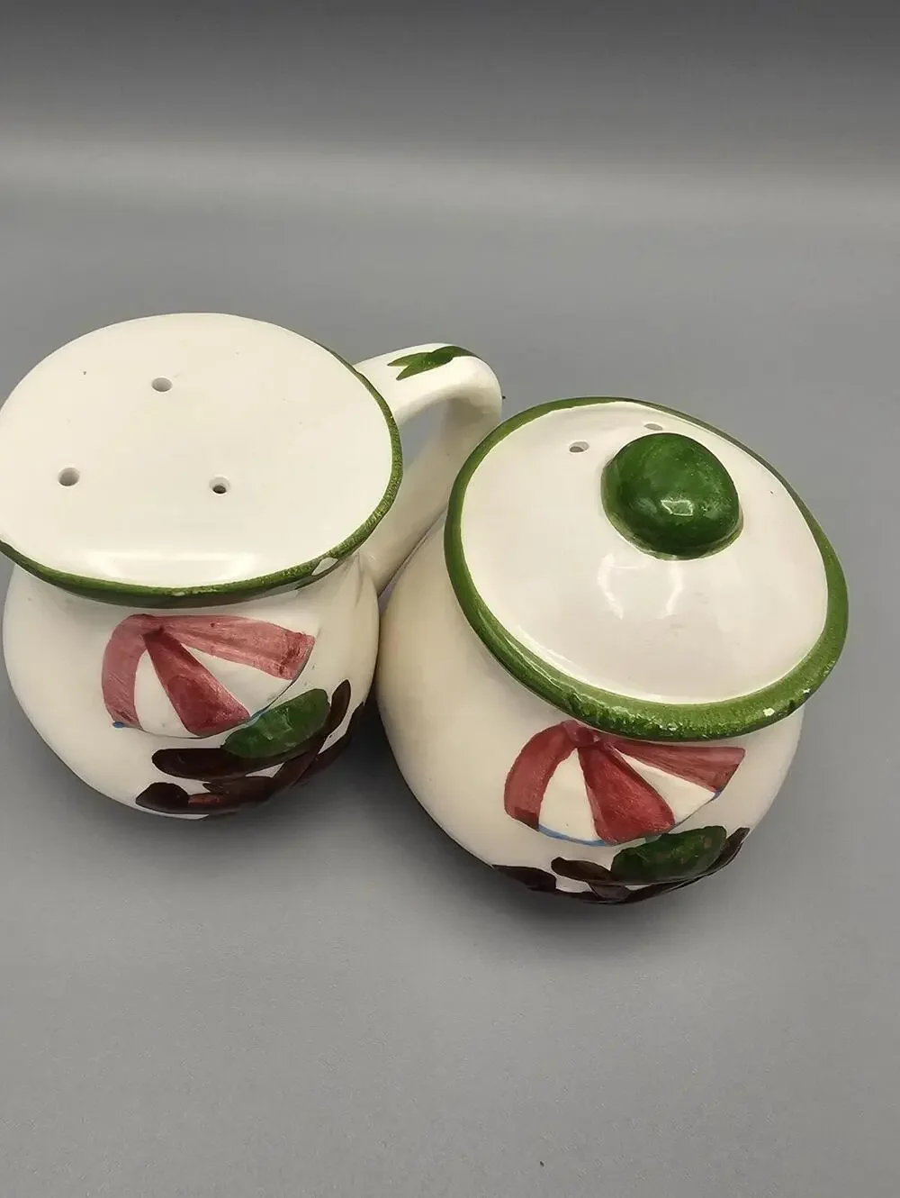 Ceramic Salt and Pepper Shaker Set with Lids, White with Green Trim and Floral